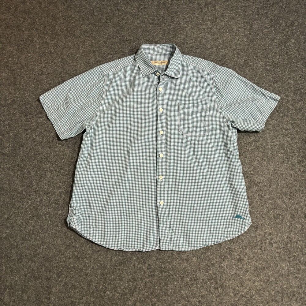 Tommy Bahama Linen Blend Button-Up Shirt Size Large Short Sleeve Check